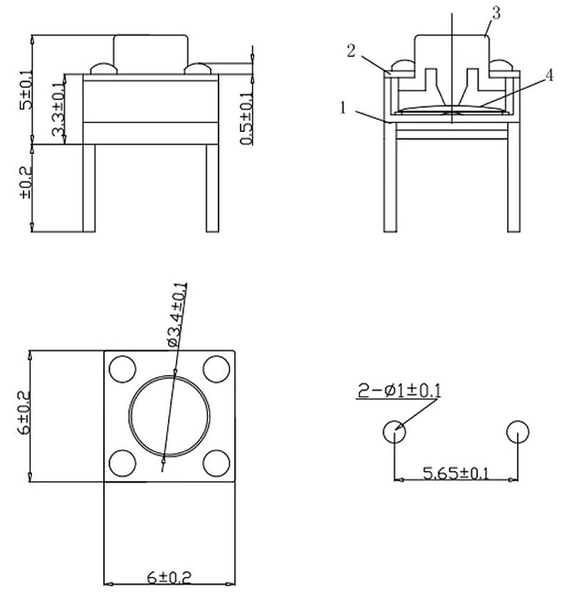 Micro Drukknop Schakelaar 6x6 2-pins afmetingen